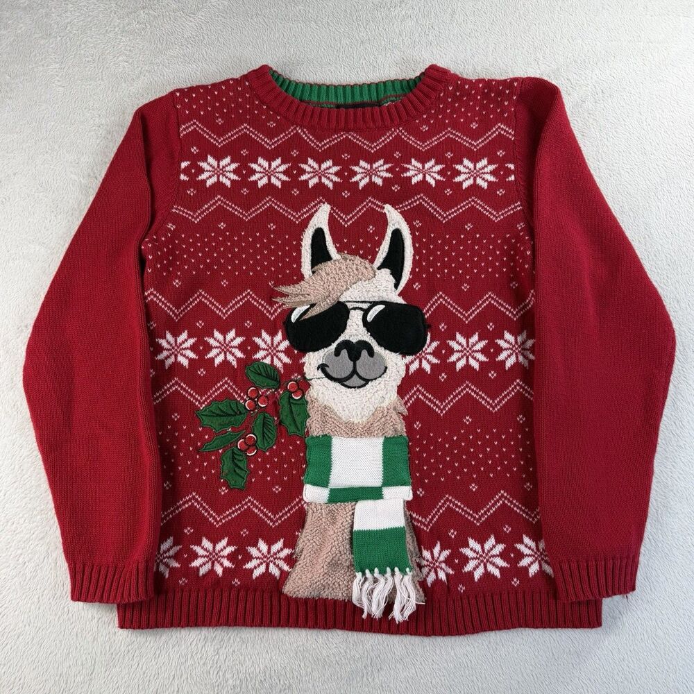 Ugly Christmas Sweater Llama Sunglasses Red Kids L (14-16) Blizzard Bay Youth